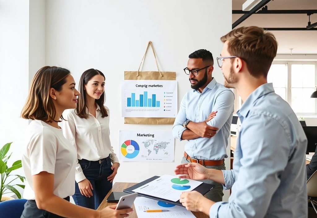 Marketing Engine Ltd team members collaborating in modern London office space with campaign planning materials on walls